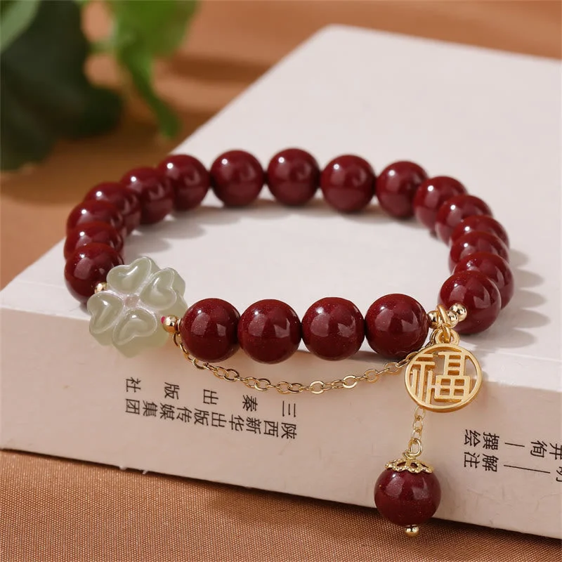 Personalized Designer Bangles for Women-Buddha Stones Cinnabar Fu Character Hetian Jade Lucky Four Leaf Clover Blessing Bracelet