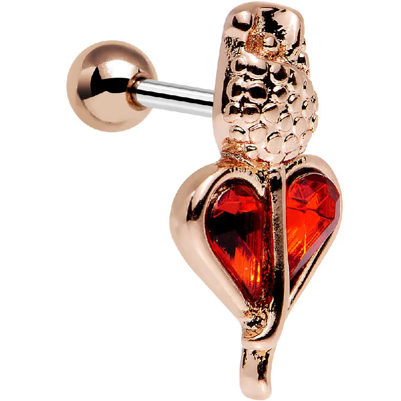 Women's Earrings – Elegant Designs for Every Personality--16 Gauge 1/4 Red Gem Rosy Hue Heart and Rose Flower Tragus Cartilage Earring