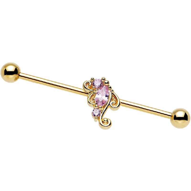 Women's Earrings – Elegant Designs for Every Personality--14 Gauge Pink CZ Gold Anodized Deco Swirl Industrial Barbell 38mm