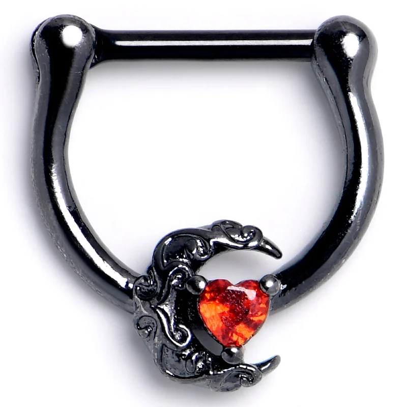 Women's Earrings – Elegant Designs for Every Personality--16 Gauge 5/16 Red CZ Gem Black Scroll Moon Heart Cartilage Clicker