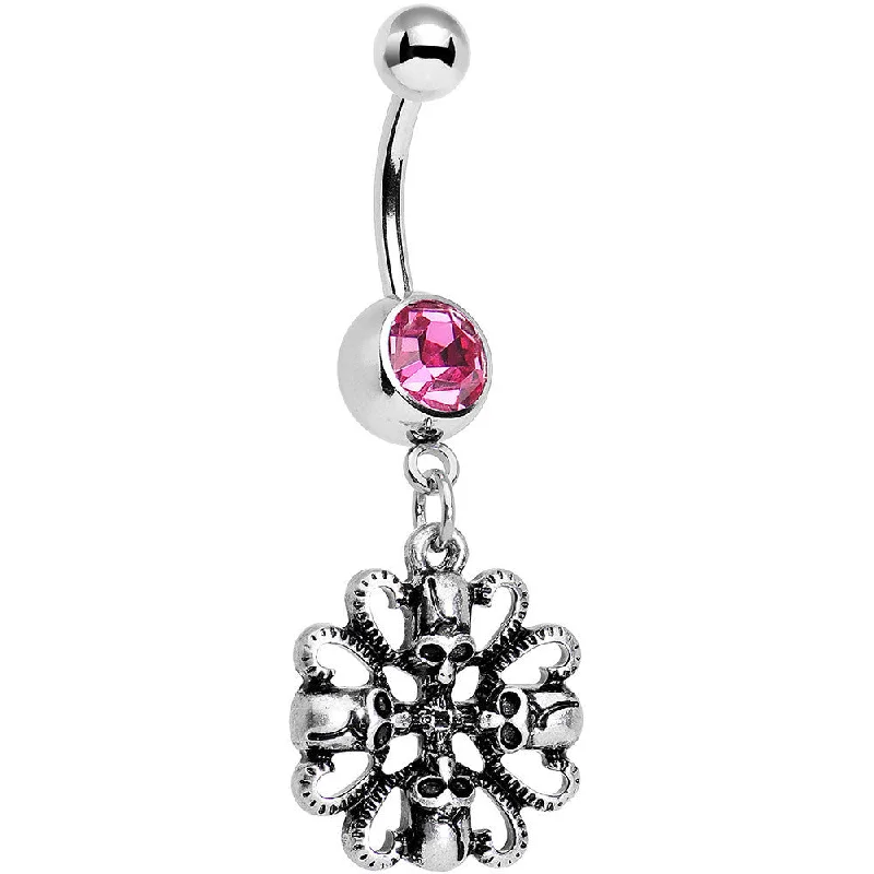 Designer Belly Rings with Modern Touch -Pink Gem Quadruple Halloween Skull and Snake Dangle Belly Ring Designer Belly Rings with Modern Touch -Pink Gem Quadruple Halloween Skull and Snake Dangle Belly Ring