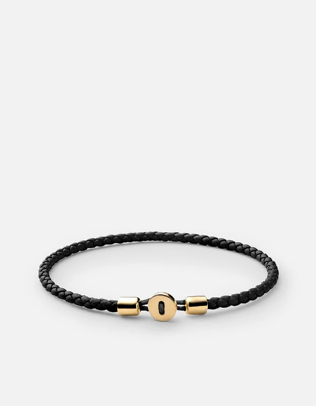 Cool Men's Beaded Bracelets-Nexus Leather Bracelet, Gold Vermeil