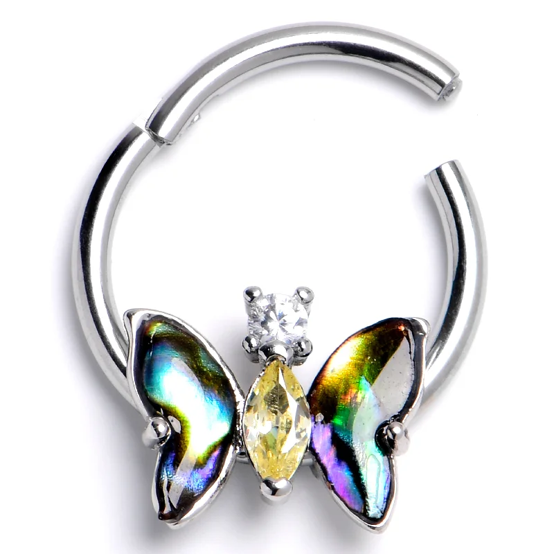 Nose Rings with Personalized Engraving -16 Gauge 3/8 Clear Yellow Gem Dark Butterfly Hinged Segment Ring Nose Rings with Personalized Engraving -16 Gauge 3/8 Clear Yellow Gem Dark Butterfly Hinged Segment Ring