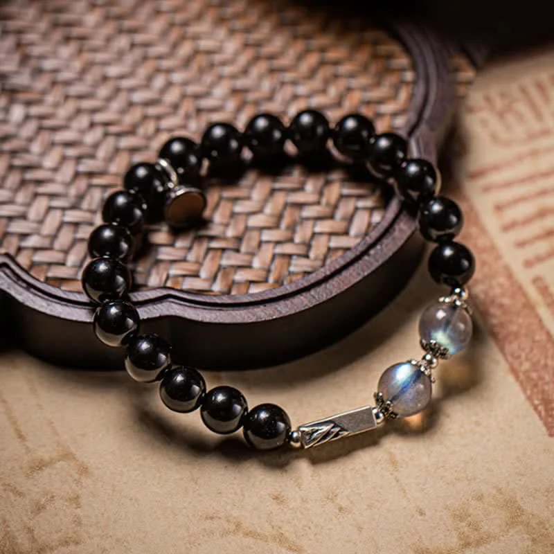 Elegant Wrap Bracelets for Men-Buddha Stones 925 Sterling Silver Obsidian Moonstone Strength Couple Bracelet Elegant Wrap Bracelets for Men-Buddha Stones 925 Sterling Silver Obsidian Moonstone Strength Couple Bracelet