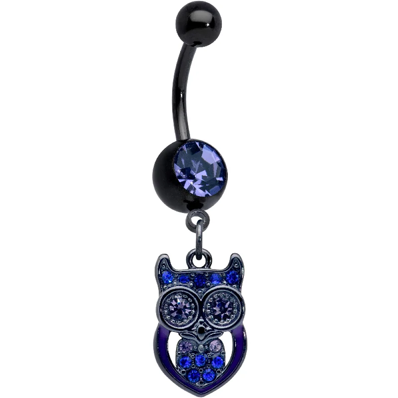 Belly Rings with Gemstone Designs for Chic Style -Blue Gem Black Opulent Owl Dangle Belly Ring Belly Rings with Gemstone Designs for Chic Style -Blue Gem Black Opulent Owl Dangle Belly Ring