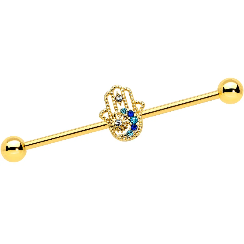 Women's Earrings – Elegant Designs for Every Personality--14 Gauge Blue Gem Gold Tone Texture Hamsa Hand Industrial Barbell 38mm Women's Earrings – Elegant Designs for Every Personality--14 Gauge Blue Gem Gold Tone Texture Hamsa Hand Industrial Barbell 38mm