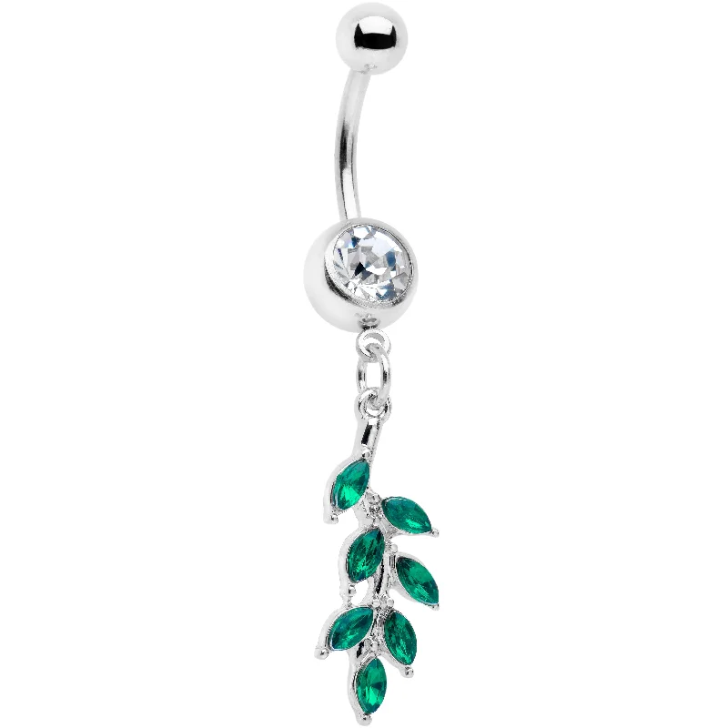 Belly Rings with Bold and Unique Stones -Green Clear Gem Leafy Luscious Branch Dangle Belly Ring