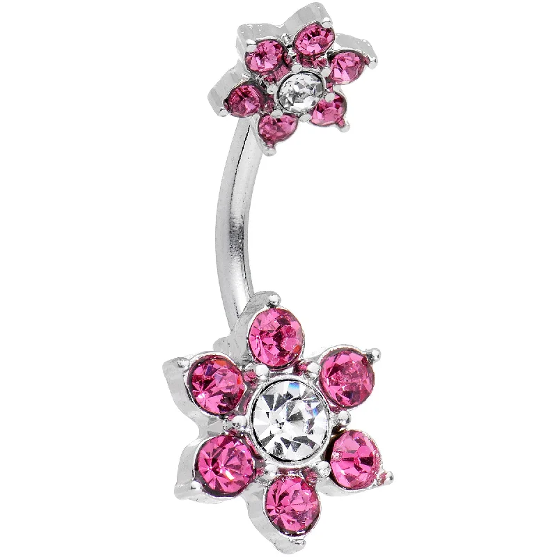 Unique Belly Rings with Shiny Detailing -Clear Pink Gem Primrose Flower Double Mount Belly Ring Unique Belly Rings with Shiny Detailing -Clear Pink Gem Primrose Flower Double Mount Belly Ring