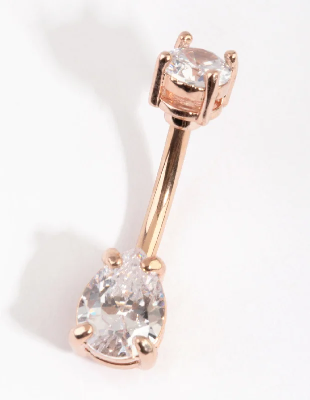 Stylish Belly Rings for Modern Fashion -Rose Gold Plated Pear Diamante Medium Belly Bar Stylish Belly Rings for Modern Fashion -Rose Gold Plated Pear Diamante Medium Belly Bar