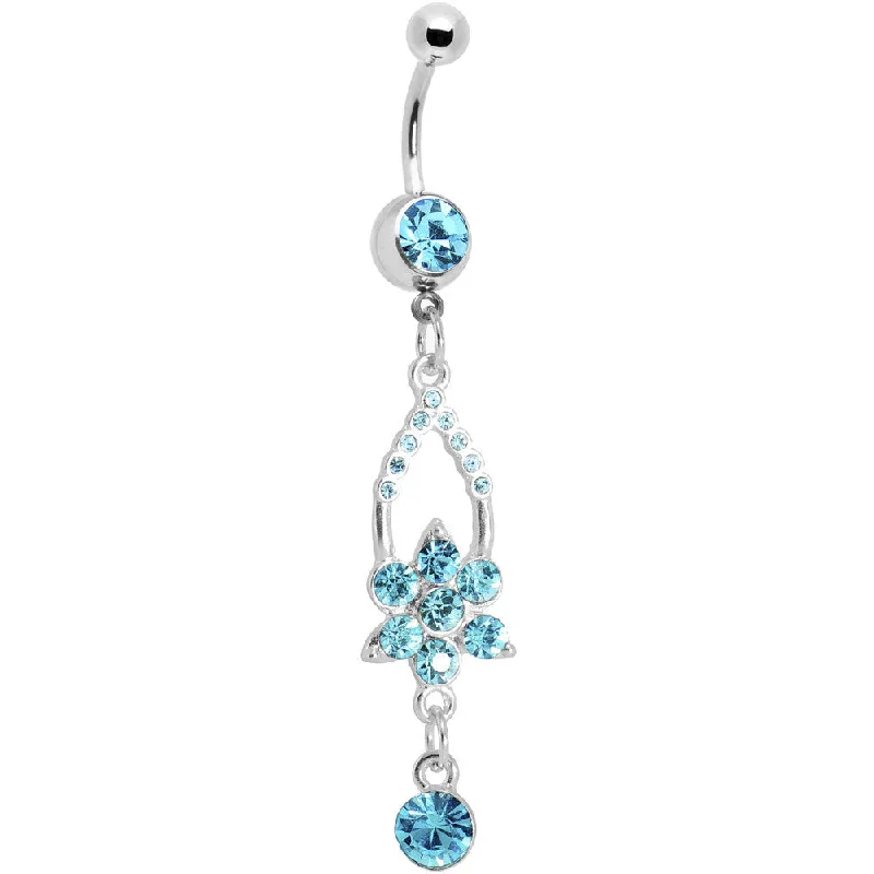 Beautiful Belly Rings for Dazzling Effect -Aqua Gem Hanging Flower Dangle Belly Ring Beautiful Belly Rings for Dazzling Effect -Aqua Gem Hanging Flower Dangle Belly Ring