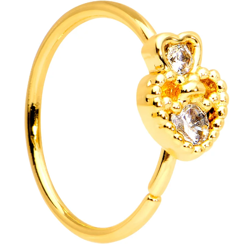 Silver Nose Rings -20 Gauge 3/8 Clear CZ Gem Gold PVD Heart Seamless Circular Ring