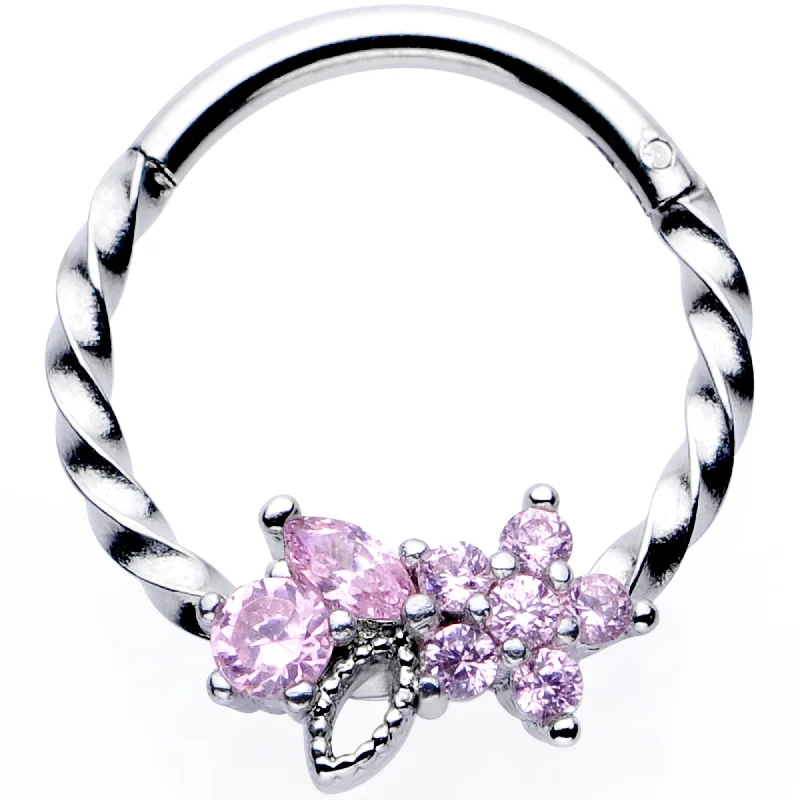 Fashion Nose Rings -16 Gauge 3/8 Pink Gem Star Twisted Hinged Segment Ring
