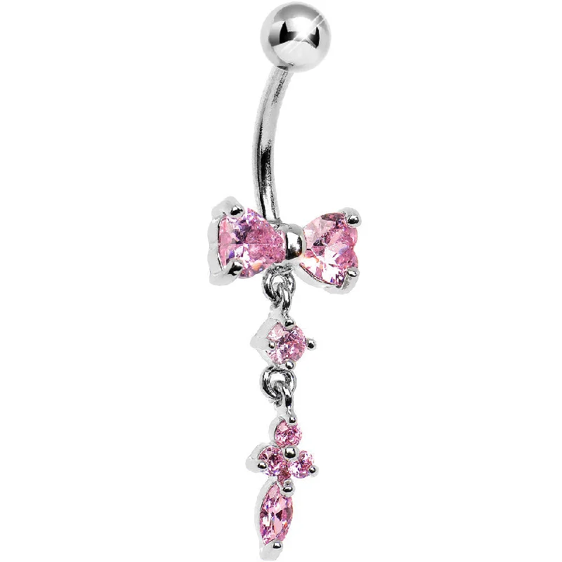 Designer Belly Rings with Elegant Style -Pink Gem Tied Up Dangle Bow Charm Belly Button Ring Designer Belly Rings with Elegant Style -Pink Gem Tied Up Dangle Bow Charm Belly Button Ring