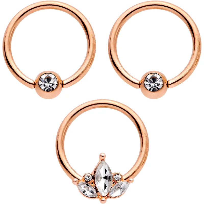 Women's Earrings – Elegant Designs for Every Personality--14 Gauge 0.51 inch Clear CZ Rose Gold Tone Crest BCR Captive Ring Set of 3 Women's Earrings – Elegant Designs for Every Personality--14 Gauge 0.51 inch Clear CZ Rose Gold Tone Crest BCR Captive Ring Set of 3