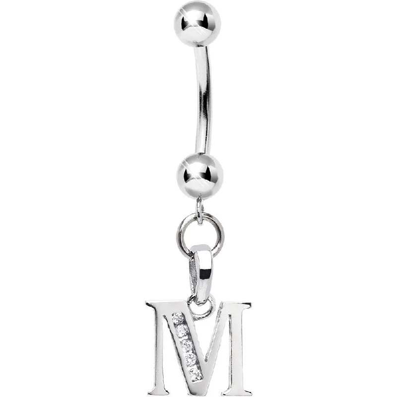 Elegant Belly Rings for Special Occasions -16 Gauge Solid 14kt White Gold CZ Initial M Belly Ring Elegant Belly Rings for Special Occasions -16 Gauge Solid 14kt White Gold CZ Initial M Belly Ring