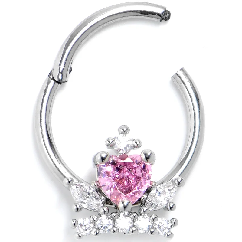Women's Earrings – Elegant Designs for Every Personality--16 Gauge 3/8 Pink Clear CZ Gem Crown Heart Hinged Segment Ring
