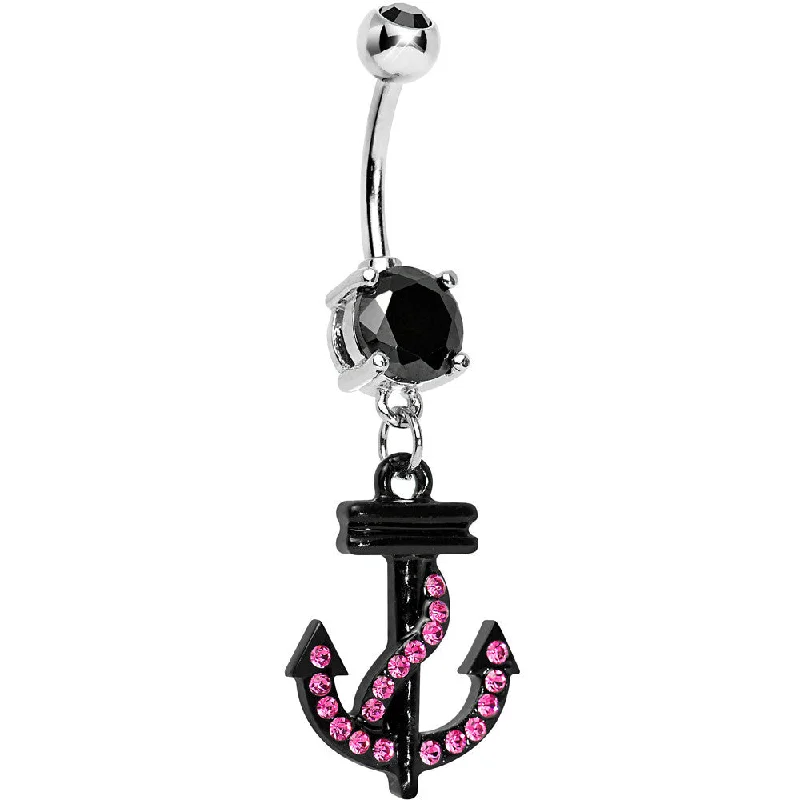 Comfortable Belly Rings for Unique Fashion -Double Black Gem Black and Pink Nautical Anchor Dangle Belly Ring Comfortable Belly Rings for Unique Fashion -Double Black Gem Black and Pink Nautical Anchor Dangle Belly Ring