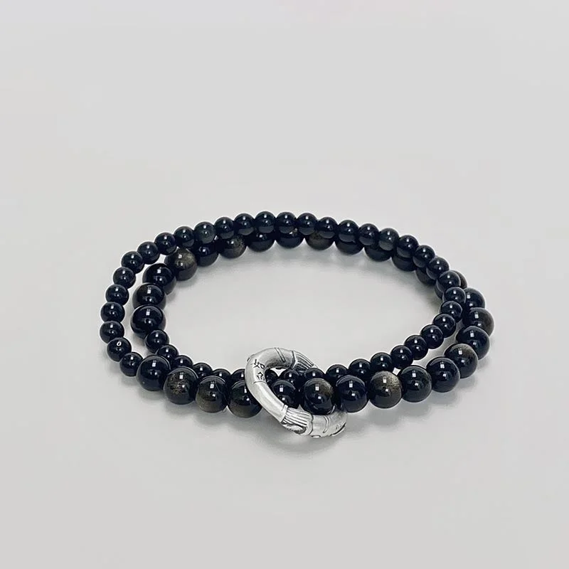 Rope and Metal Bracelets for Men-Buddha Stones 999 Sterling Silver Black Obsidian Fulfillment Strength Double Layer Bracelet Rope and Metal Bracelets for Men-Buddha Stones 999 Sterling Silver Black Obsidian Fulfillment Strength Double Layer Bracelet