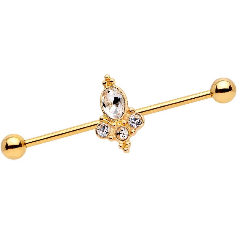 Women's Earrings – Elegant Designs for Every Personality--Clear CZ Gem Gold Anodized Royal Vanity Industrial Barbell 35mm Women's Earrings – Elegant Designs for Every Personality--Clear CZ Gem Gold Anodized Royal Vanity Industrial Barbell 35mm