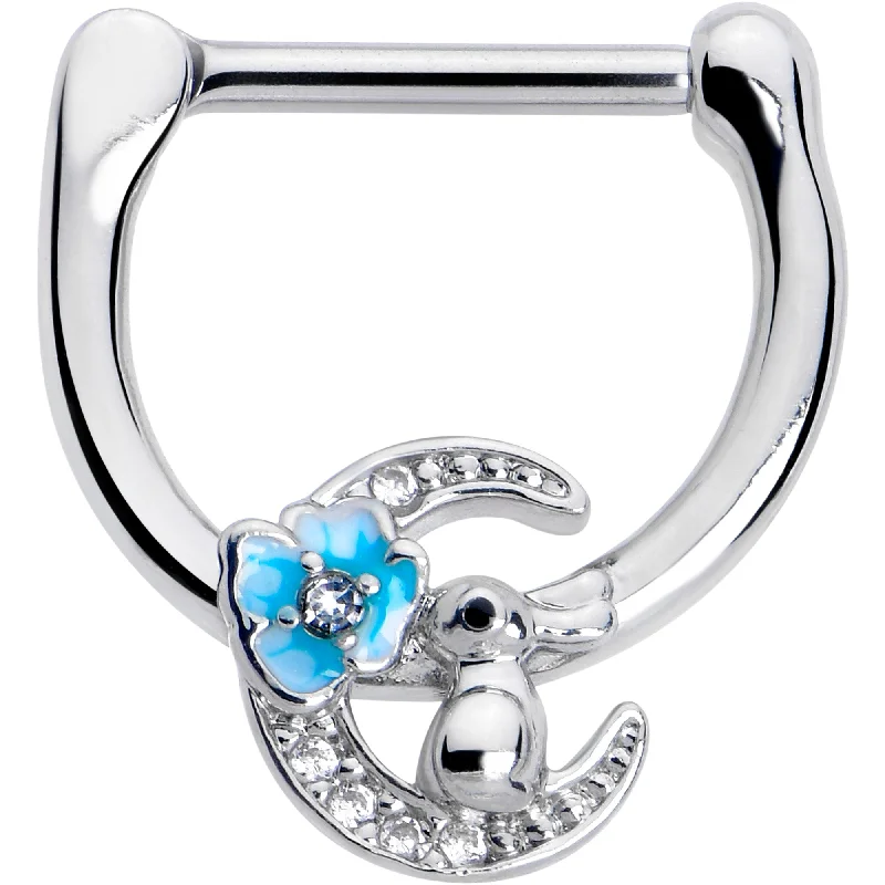 Rhinestone Nose Rings -16 Gauge 5/16 Clear CZ Gem Rabbit On The Moon Blue Cartilage Clicker Rhinestone Nose Rings -16 Gauge 5/16 Clear CZ Gem Rabbit On The Moon Blue Cartilage Clicker