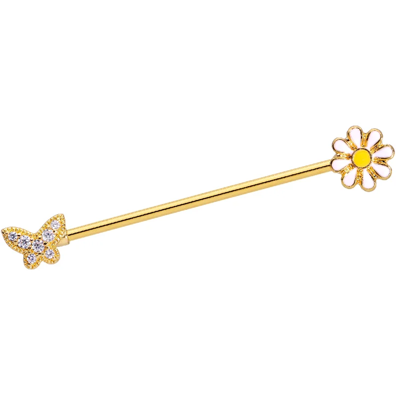 Women's Earrings – Elegant Designs for Every Personality--14 Gauge Clear Gem Gold Tone Butterfly Daisy `Industrial Barbell 38mm