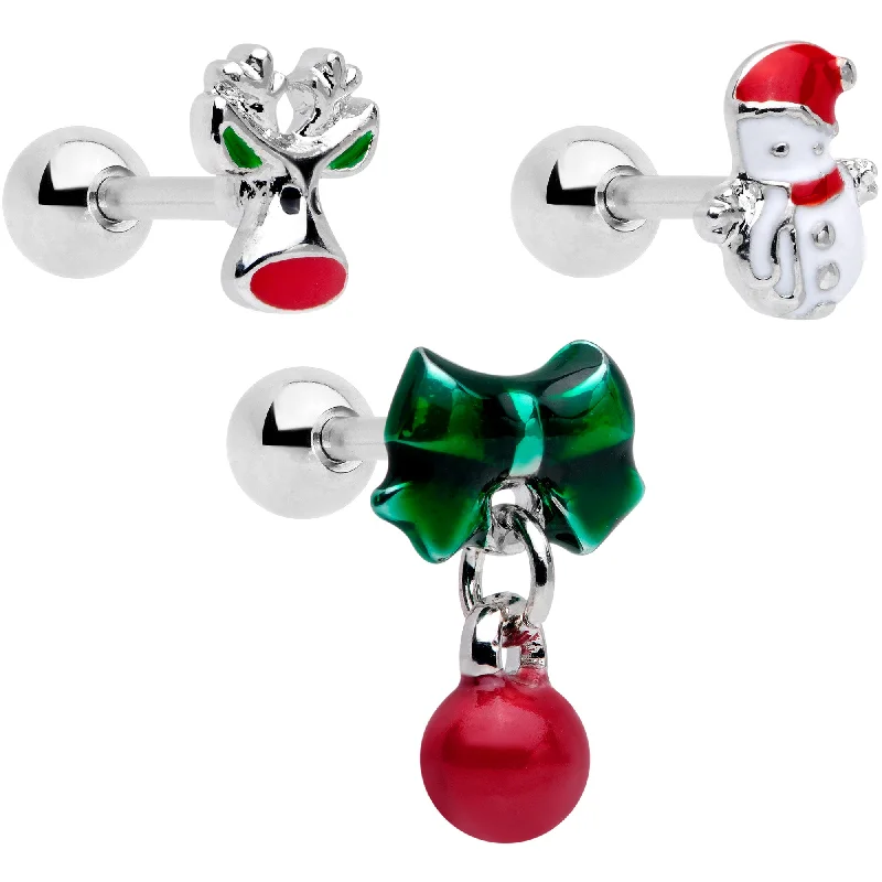 Women's Earrings – Elegant Designs for Every Personality--16 Gauge 1/4 Reindeer Snowman Christmas Dangle Cartilage Tragus Set of 3
