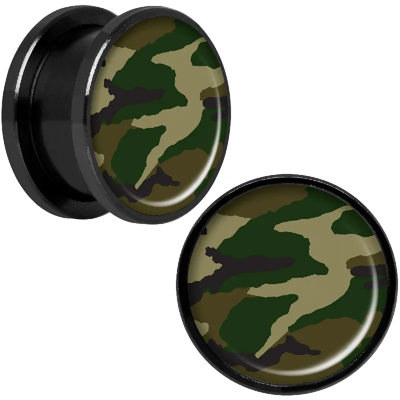 Women's Earrings – Elegant Designs for Every Personality--Woodland Camo Print Black Anodized Screw Fit Plug Set 5/8 Women's Earrings – Elegant Designs for Every Personality--Woodland Camo Print Black Anodized Screw Fit Plug Set 5/8