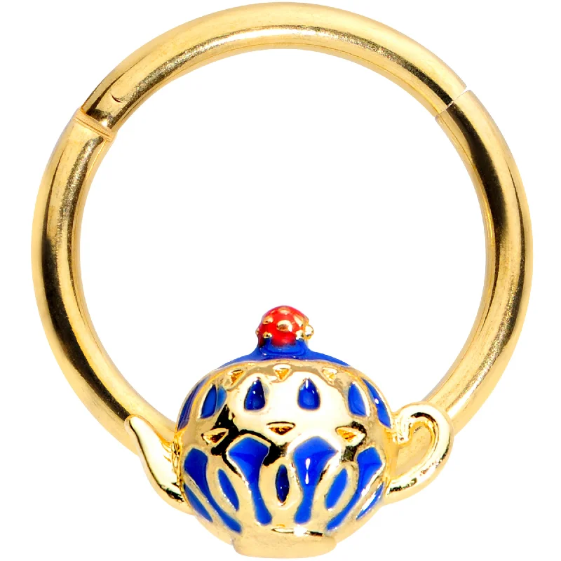 Comfortable and Stylish Lip Rings for Every Look16 Gauge 3/8 Gold Tone Blue Teapot Hinged Segment Ring