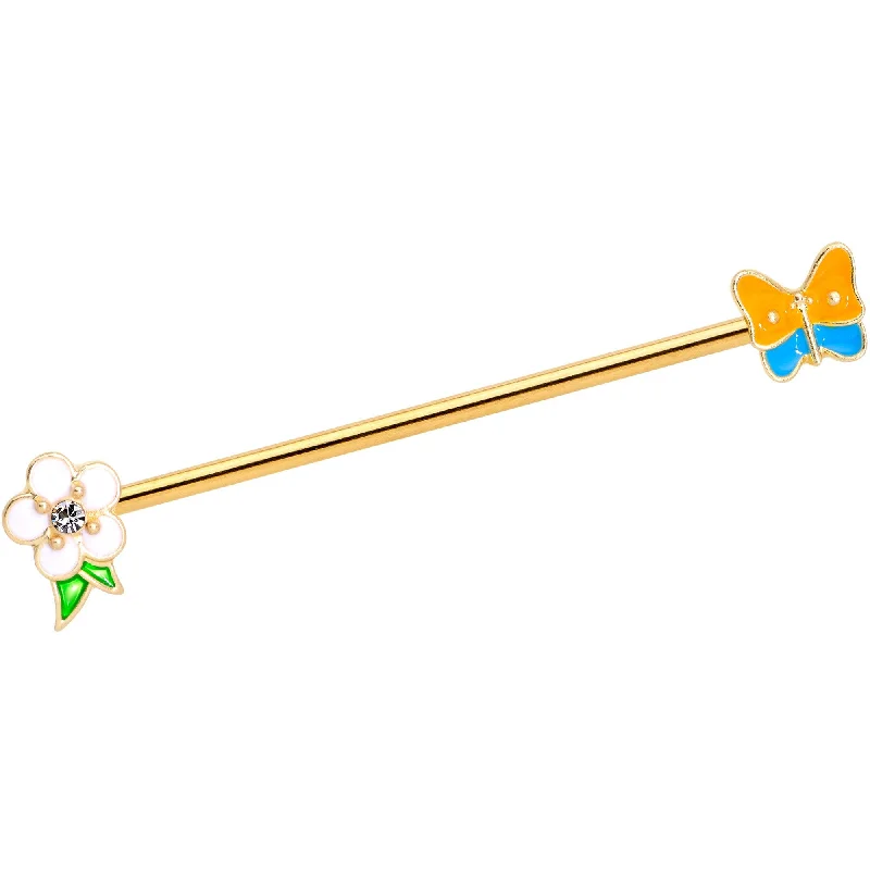 Women's Earrings – Elegant Designs for Every Personality--14 Gauge Multicolor Gold Tone Butterfly Flower Industrial Barbell 38mm