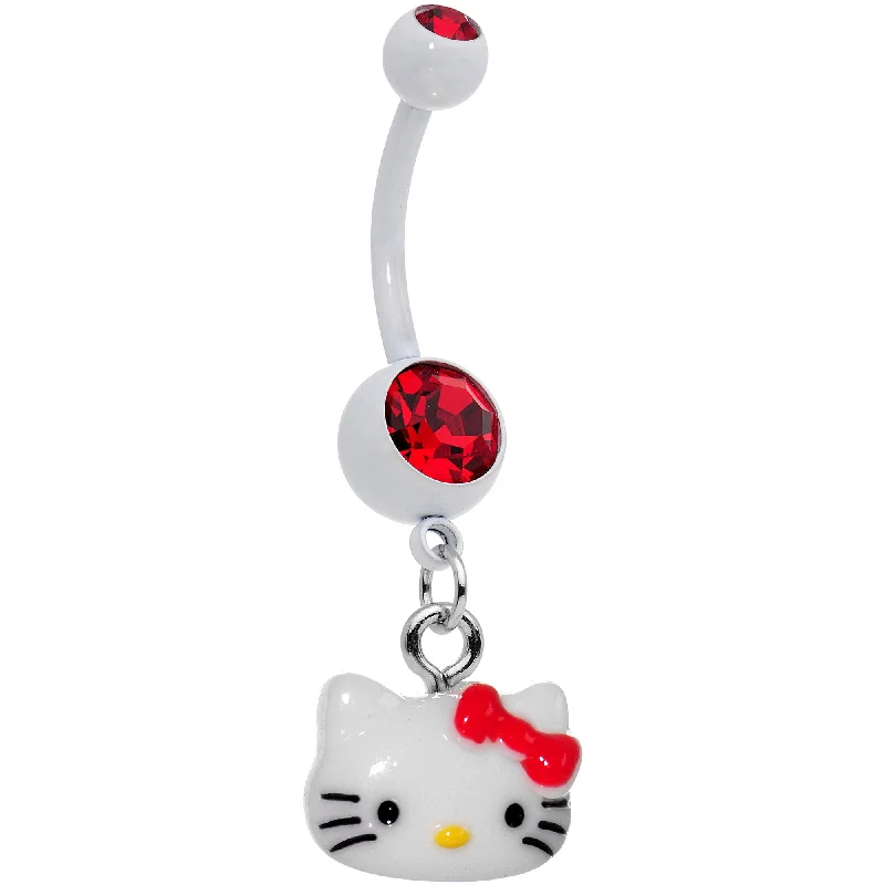 Trendy Belly Rings for Dazzling Fashion -Officially Licensed Hello Kitty Cat Red Gem White Enamel Dangle Belly Ring Trendy Belly Rings for Dazzling Fashion -Officially Licensed Hello Kitty Cat Red Gem White Enamel Dangle Belly Ring