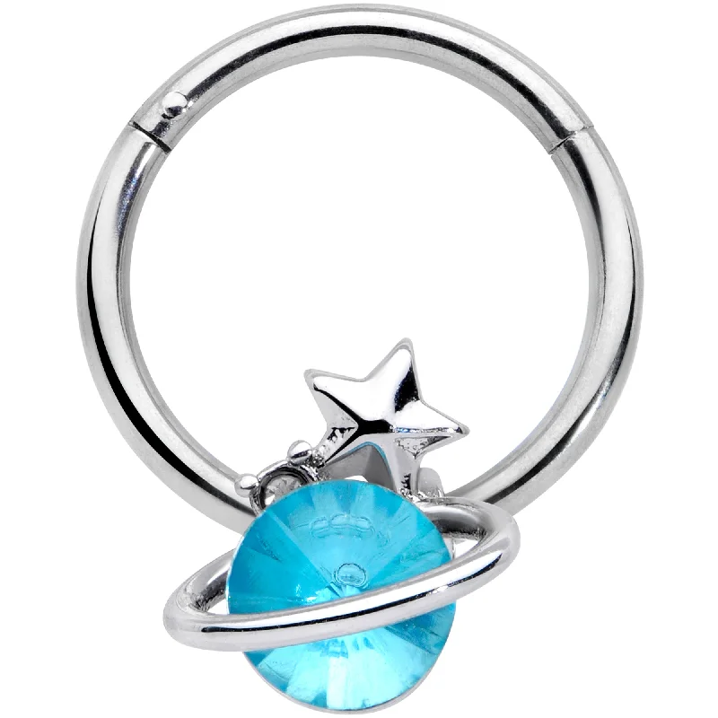 Nose Rings for Unique Look -16 Gauge 3/8 Aqua Gem Star Saturn Planet Hinged Segment Ring Nose Rings for Unique Look -16 Gauge 3/8 Aqua Gem Star Saturn Planet Hinged Segment Ring