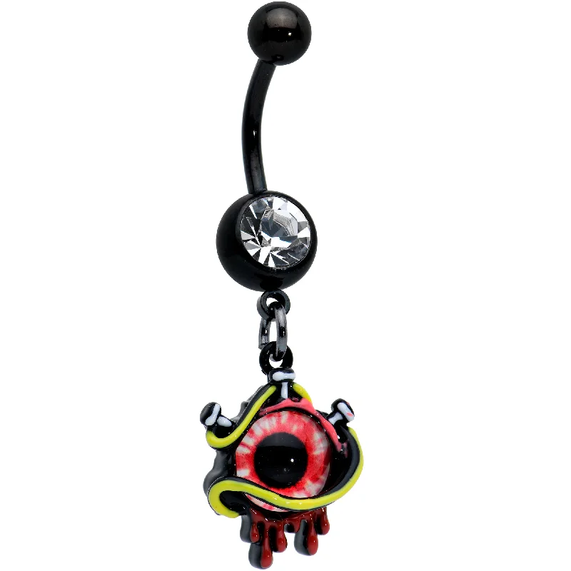 Designer Belly Rings with Creative Details -Clear Gem Black Spiky Eyeball Halloween Dangle Belly Ring Designer Belly Rings with Creative Details -Clear Gem Black Spiky Eyeball Halloween Dangle Belly Ring