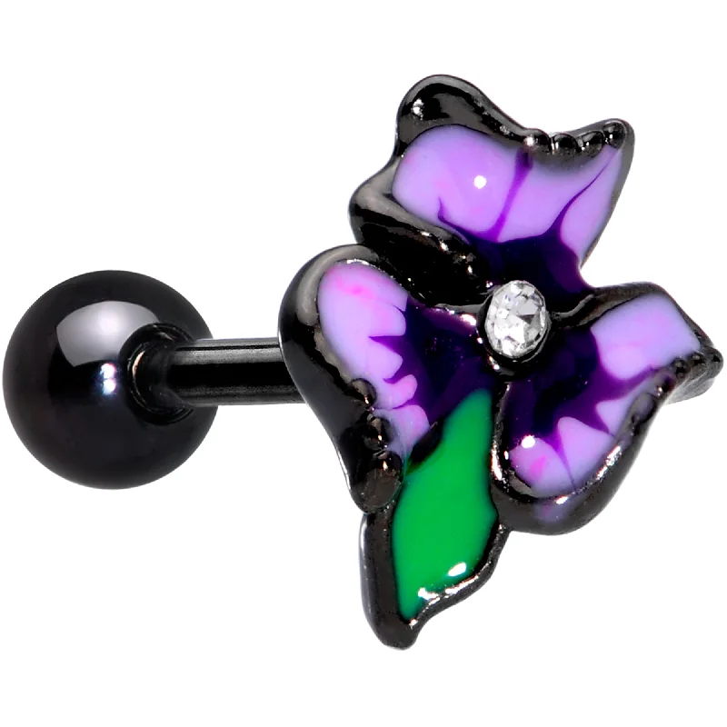 Women's Earrings – Elegant Designs for Every Personality--16 Gauge 1/4 Clear Gem Black Iris Flower Cartilage Tragus Earring