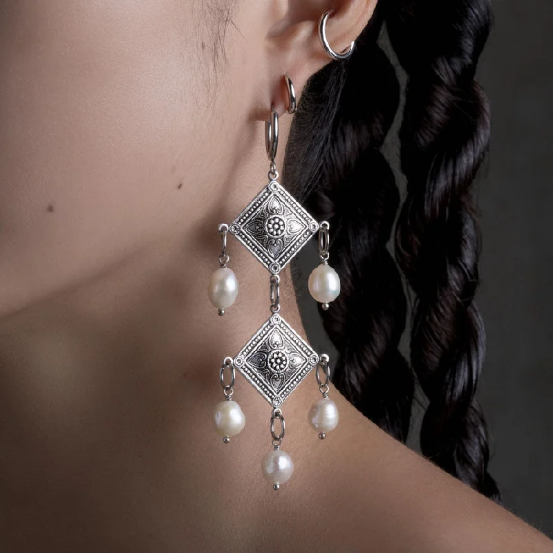 Women's Earrings – Elegant Designs for Every Personality--BANQUET. Pearl Chandelier Hoop Earrings - Silver