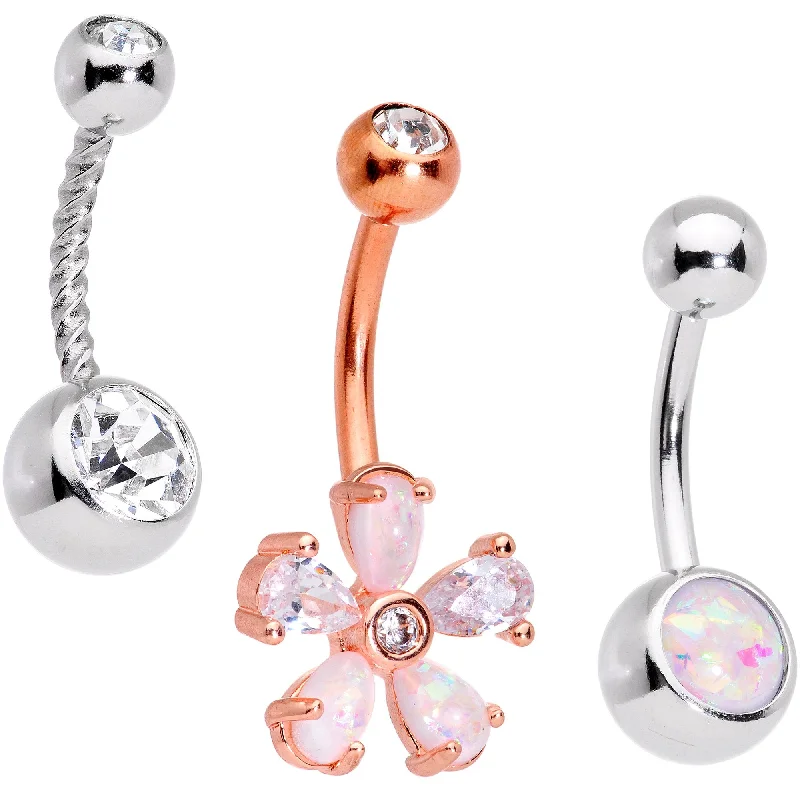 Beautiful Belly Rings with Dazzling Shine -White Faux Opal Fun With Flowers Belly Ring Set of 3 Beautiful Belly Rings with Dazzling Shine -White Faux Opal Fun With Flowers Belly Ring Set of 3