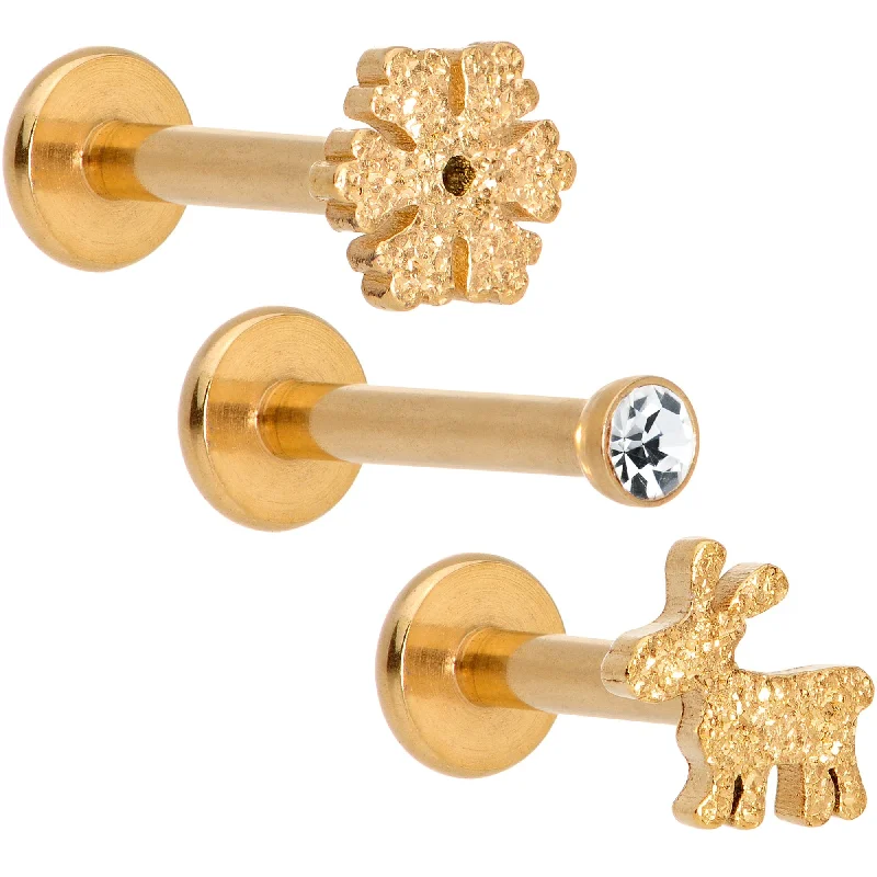 Trendy Lip Rings for Bold Looks16 Gauge 5/16 Gem Gold Tone Winter Holiday Cartilage Tragus Earring Set of 3