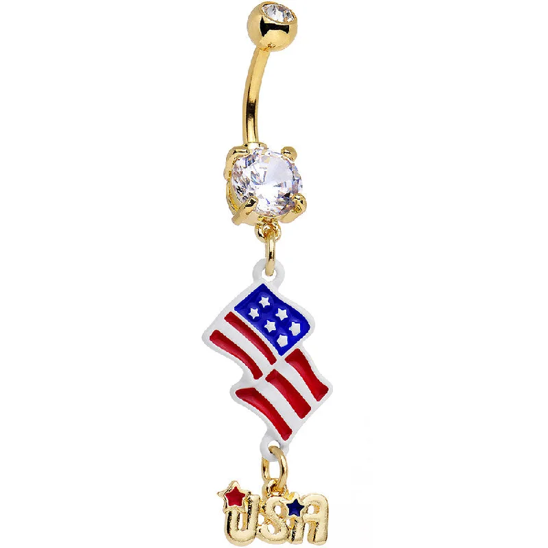 Belly Rings with Unique Designs for Special Looks -Clear CZ Gem Gold Anodized American Flag USA Dangle Belly Ring Belly Rings with Unique Designs for Special Looks -Clear CZ Gem Gold Anodized American Flag USA Dangle Belly Ring