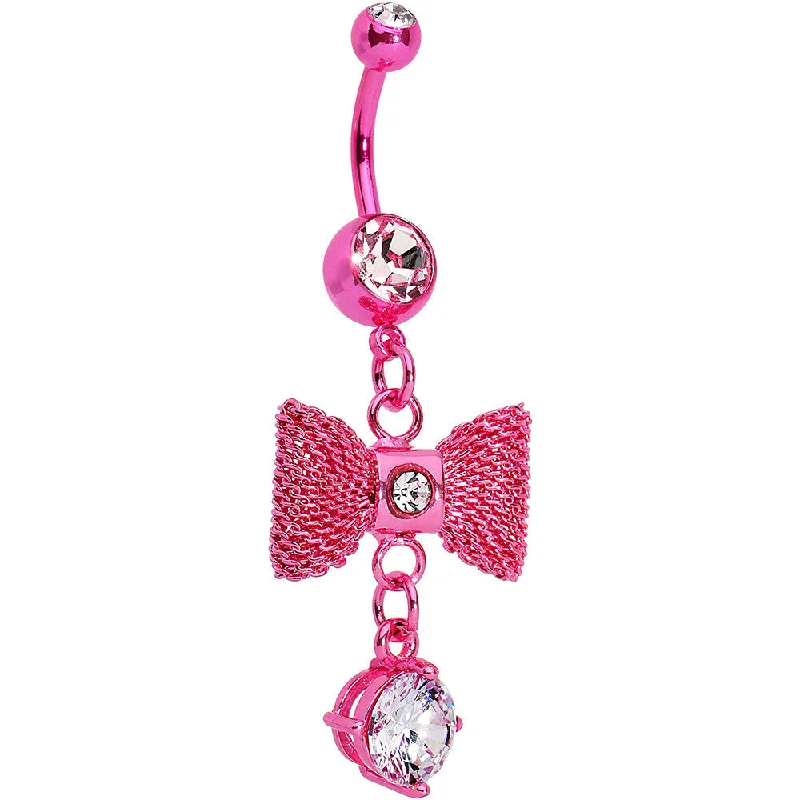 Stylish Belly Rings for Elegant Looks -Clear Gem Pink IP Steel Bow Dangle Belly Ring Stylish Belly Rings for Elegant Looks -Clear Gem Pink IP Steel Bow Dangle Belly Ring