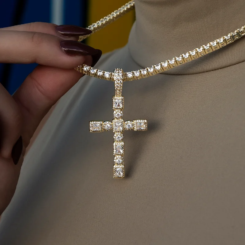 Shop Classic Women's Necklaces & Pendants with a Modern Twist-Diamond Pave Cushion Circle Cross Pendant in Yellow Gold Shop Classic Women's Necklaces & Pendants with a Modern Twist-Diamond Pave Cushion Circle Cross Pendant in Yellow Gold