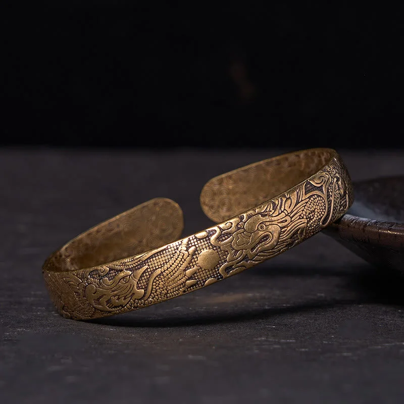 Men's Cuff Bracelets with Simple Designs-Buddha Stones Dragon And Phoenix Playing With A Pearl Carved Copper Brass Luck Protection Bracelet Bangle Men's Cuff Bracelets with Simple Designs-Buddha Stones Dragon And Phoenix Playing With A Pearl Carved Copper Brass Luck Protection Bracelet Bangle