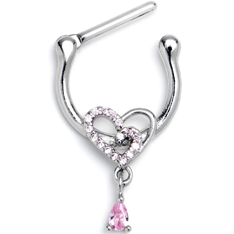 Women's Earrings – Elegant Designs for Every Personality--16 Gauge 5/16 Pink CZ Gem Asymmetrical Heart Dangle Cartilage Clicker