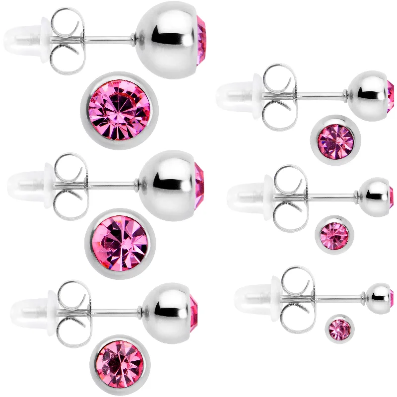 Women's Earrings – Elegant Designs for Every Personality--Pink Gem 3mm to 8mm Ball End Stud Earrings Set of 6