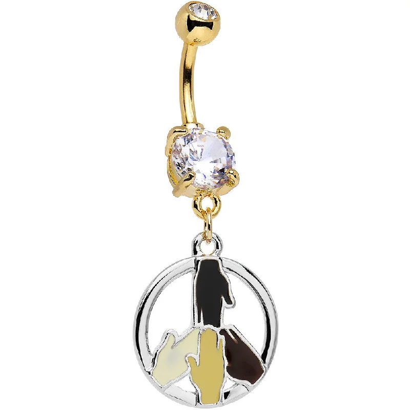 Stunning Belly Rings for Fashionistas -Clear Gem Gold PVD All Hands in For Peace Sign Dangle Belly Ring Stunning Belly Rings for Fashionistas -Clear Gem Gold PVD All Hands in For Peace Sign Dangle Belly Ring