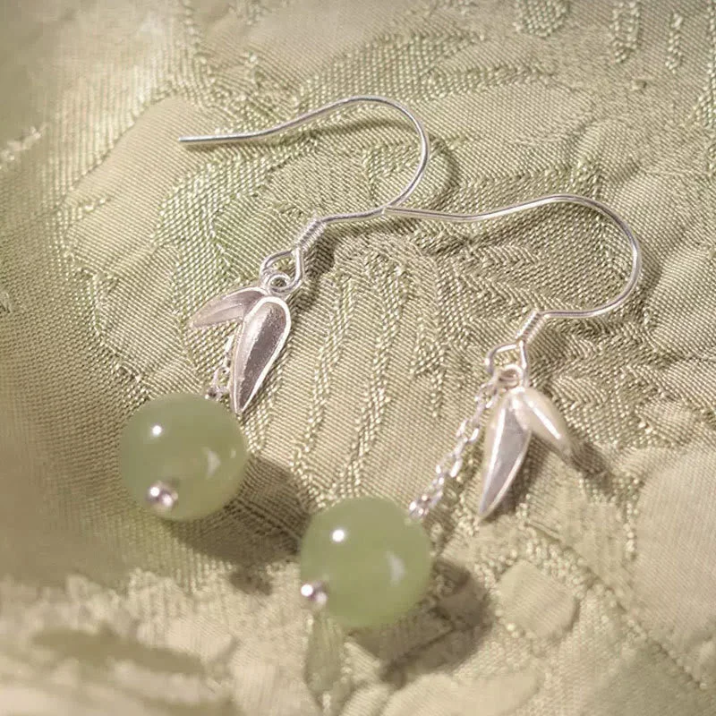 Women's Earrings – Elegant Designs for Every Personality--Buddha Stones 999 Sterling Silver Hetian Jade Bead Bamboo Leaf Luck Drop Dangle Earrings