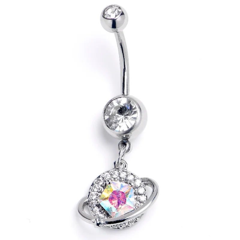 Unique Belly Rings with Artistic Design -Aurora CZ Gem Textured Saturn Dangle Belly Ring Unique Belly Rings with Artistic Design -Aurora CZ Gem Textured Saturn Dangle Belly Ring