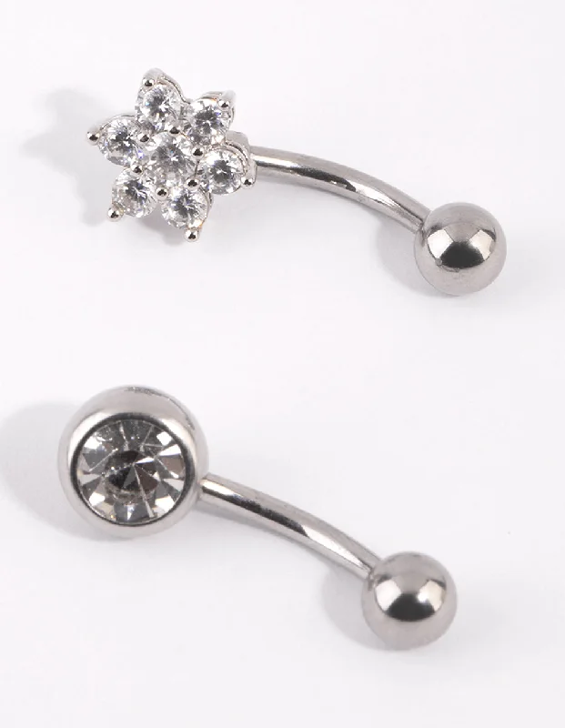 Beautiful Belly Rings for Glamorous Effect -Surgical Steel Flower Diamante Belly Bar Set Beautiful Belly Rings for Glamorous Effect -Surgical Steel Flower Diamante Belly Bar Set