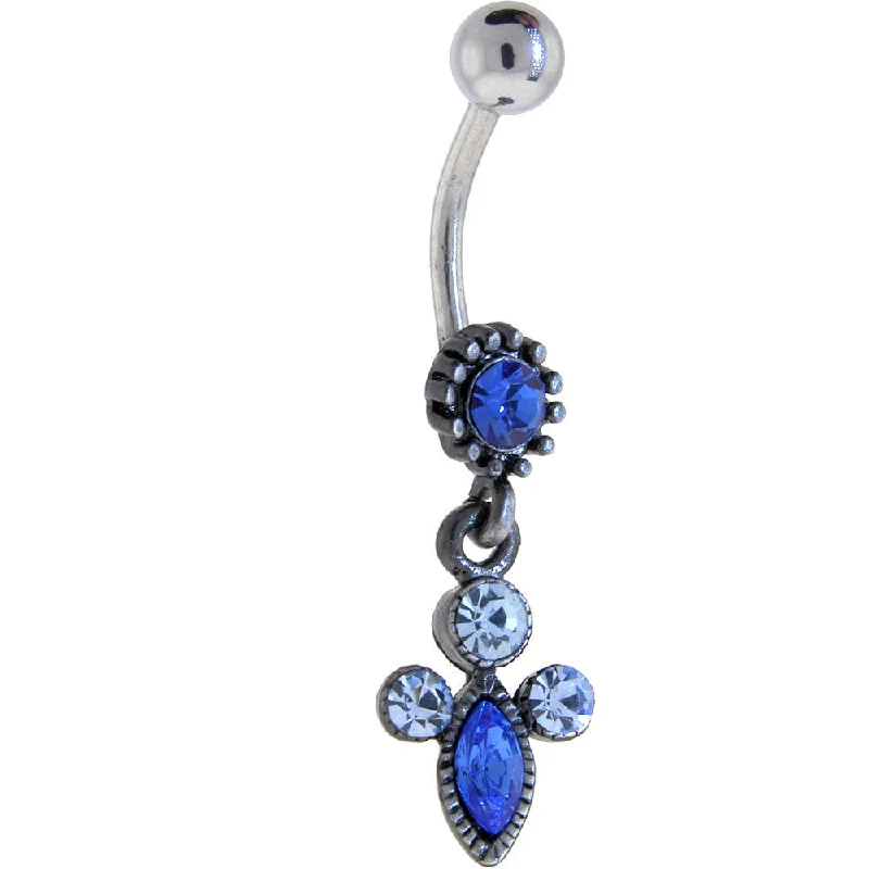Unique Belly Rings with Sparkling Features -Antique Silver Sapphire Blue VICTORIAN Dangle Belly Ring