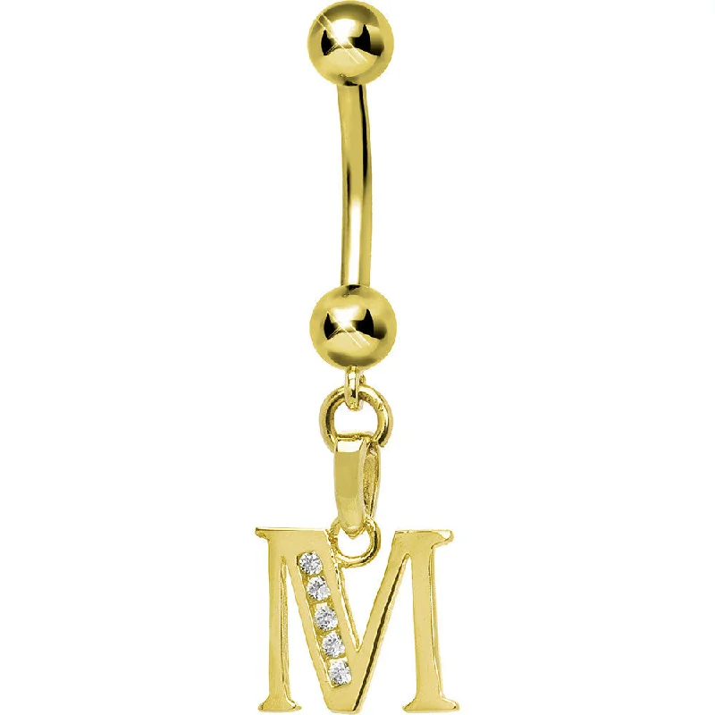 Minimalist Belly Rings for Subtle Beauty -16 Gauge Solid 14kt Yellow Gold CZ Initial M Belly Ring Minimalist Belly Rings for Subtle Beauty -16 Gauge Solid 14kt Yellow Gold CZ Initial M Belly Ring