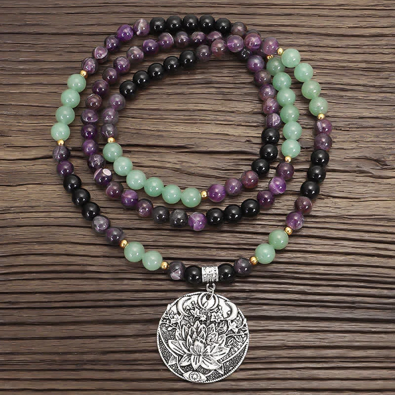 Men's Bracelets with Engravable Features-Buddha Stones 108 Mala Beads Amethyst Green Aventurine Lotus Meditation Bracelet