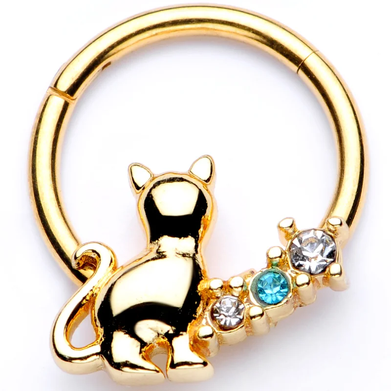 Nose Rings with Bright Shine for Bold Looks -16 Gauge 3/8 Blue Clear Gem Gold Tone Cat Hinged Segment Ring Nose Rings with Bright Shine for Bold Looks -16 Gauge 3/8 Blue Clear Gem Gold Tone Cat Hinged Segment Ring